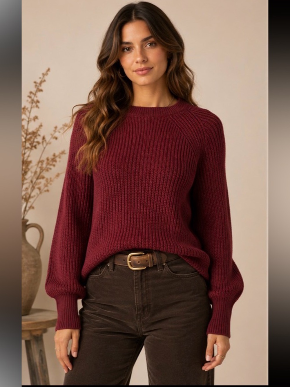 Jessica Simpson | Ribbed Crewneck Sweater in Burgundy